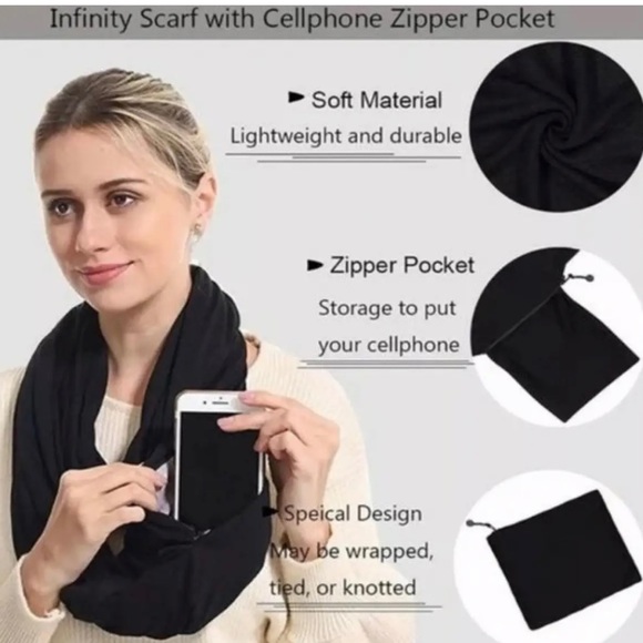 Beyond Yoga Zipper Pocket Infinity Jersey Knit Casual Scarf One Size in Black - Picture 8 of 8